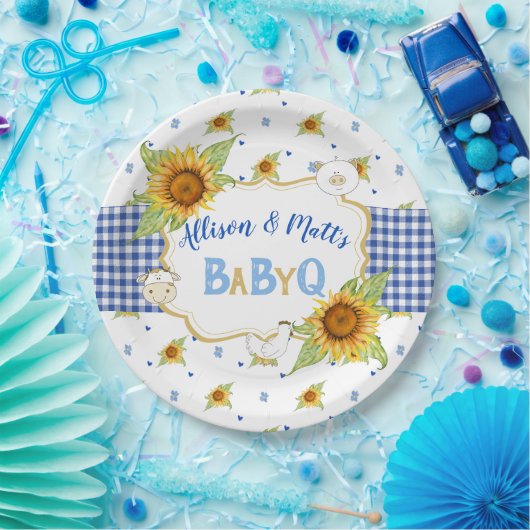 Land Zonnebloem Blauw Gingham Baby Q Barbeque Papieren Bordje (Feest)