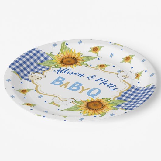 Land Zonnebloem Blauw Gingham Baby Q Barbeque Papieren Bordje (Gekanteld)