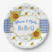 Land Zonnebloem Blauw Gingham Baby Q Barbeque Papieren Bordje (Voorkant)