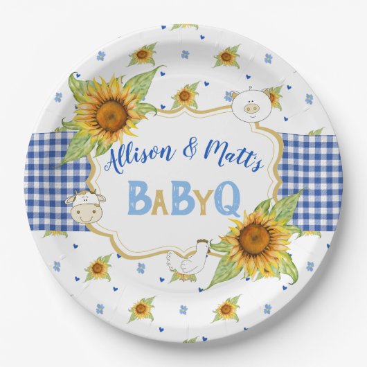 Land Zonnebloem Blauw Gingham Baby Q Barbeque Papieren Bordje (Voorkant)