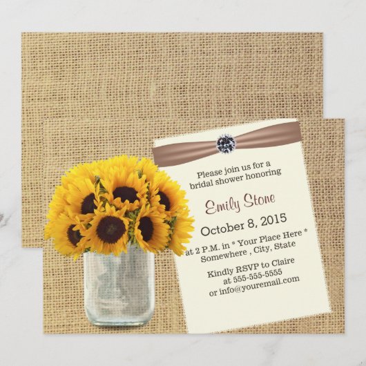 Land Zonnebloem en Mason Jar Burlap Vrijgezellenfe Kaart (Voorkant / Achterkant)