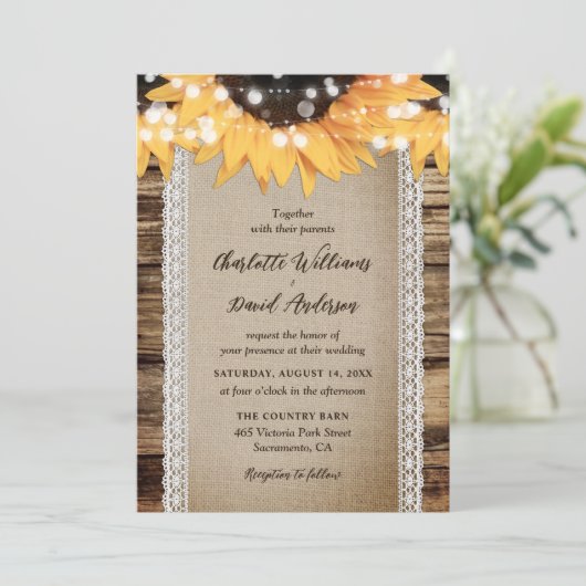 Land Zonnebloem Hout String Lights Wedding Kaart (Staand voorkant)