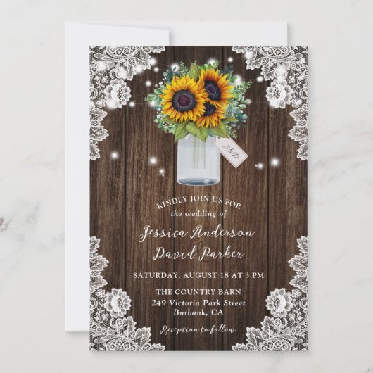 Land Zonnebloem Mason Jar Lace Wood Wedding Kaart (Voorkant)