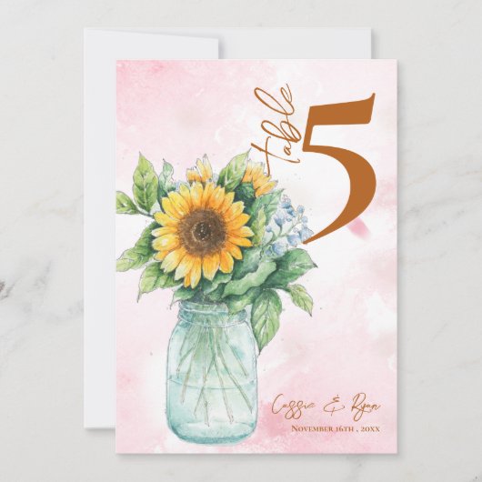 Land Zonnebloem Mason Jar Trouwtafel Nummer Bedankkaart (Voorkant)