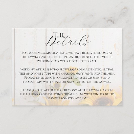 Land Zonnebloem Witte Schuur Hout Wedding Details Informatiekaartje (Voorkant)