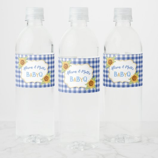 Land Zonnebloemen Blauw Gingham Check BabyQ BBQ Waterfles Etiket (Flessen)