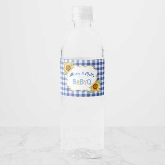 Land Zonnebloemen Blauw Gingham Check BabyQ BBQ Waterfles Etiket (Voorkant)
