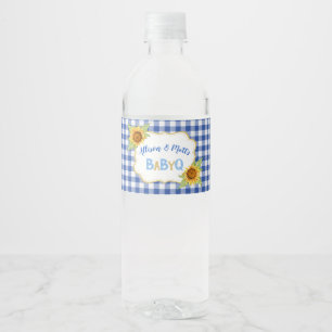 Land Zonnebloemen Blauwe Gingham Geruite BabyQ BBQ Waterfles Etiket