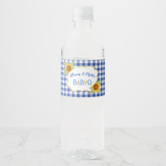 Land Zonnebloemen Blauwe Gingham Geruite BabyQ BBQ Waterfles Etiket