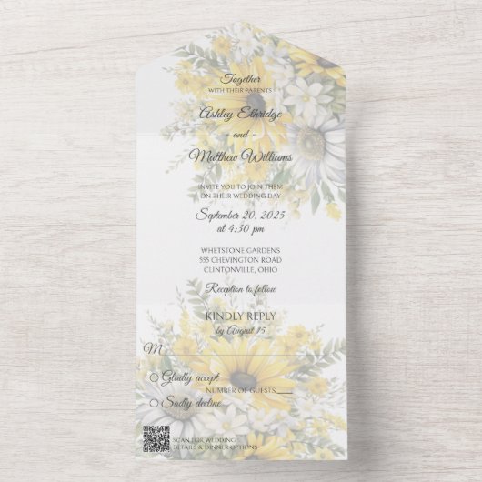 Land Zonnebloemen & Daisies met QR Code All In One Uitnodiging (Binnen)
