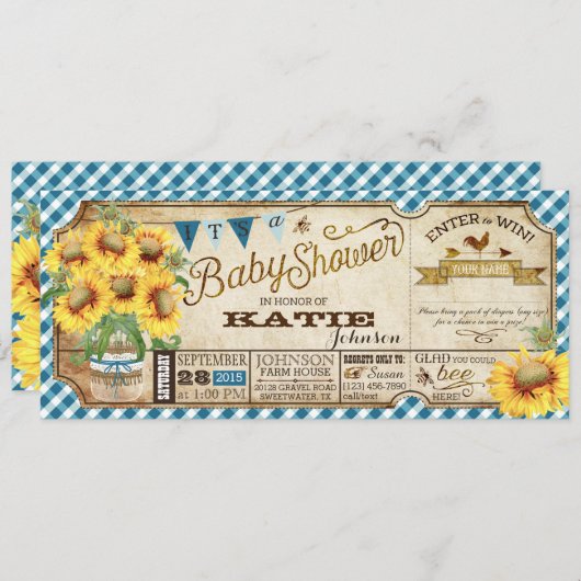 Land Zonnebloemen en Gingham Check Baby shower Kaart (Voorkant / Achterkant)