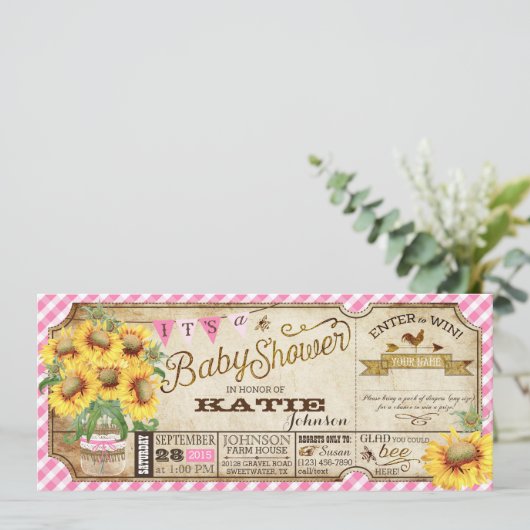 Land Zonnebloemen en Gingham Check Baby shower Kaart (Staand voorkant)