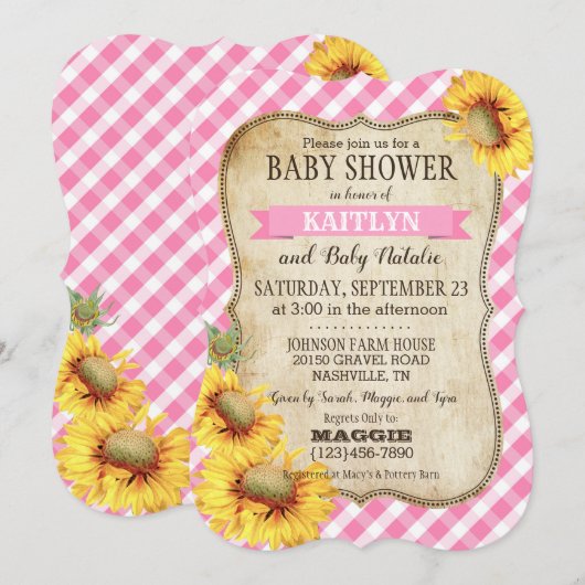 Land Zonnebloemen en Gingham Check Baby shower Kaart (Voorkant / Achterkant)