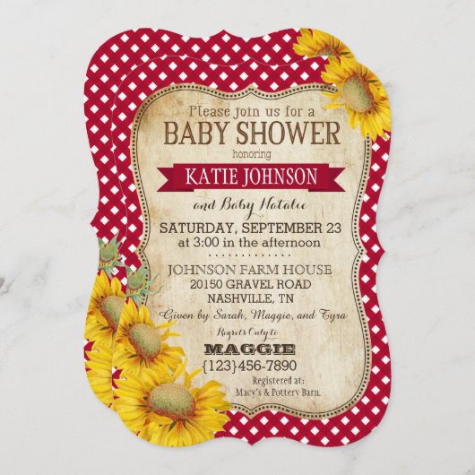 Land Zonnebloemen en Gingham Check Baby shower Kaart (Voorkant / Achterkant)