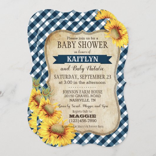 Land Zonnebloemen en Gingham Check Baby shower Kaart (Voorkant / Achterkant)