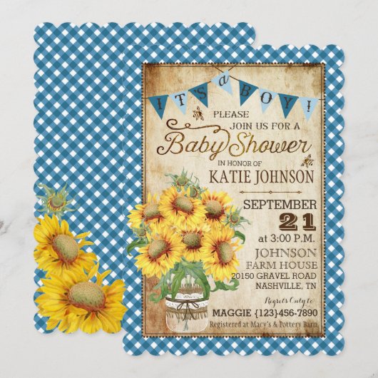 Land Zonnebloemen en Gingham Check Baby shower Kaart (Voorkant / Achterkant)