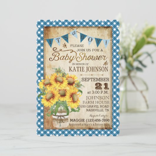 Land Zonnebloemen en Gingham Check Baby shower Kaart (Staand voorkant)