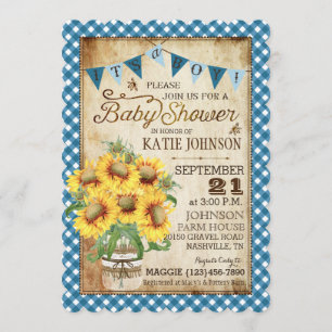 Land Zonnebloemen en Gingham Check Baby shower Kaart