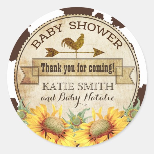 Land Zonnebloemen en Koe Print Baby shower Ronde Sticker (Voorkant)