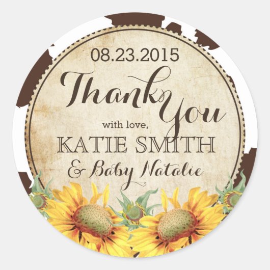 Land Zonnebloemen en Koe Print Dank u Ronde Sticker (Voorkant)