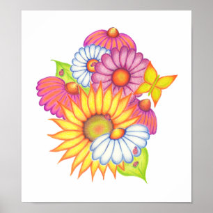 Land Zonnebloemen Ladybugs Art Poster Print