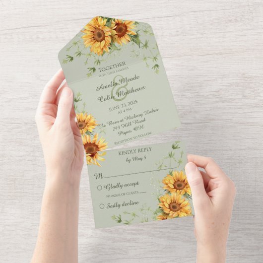 Land Zonnebloemen op Sage Green All In One Uitnodiging (Afscheurbaar)