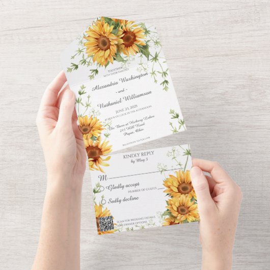 Land Zonnebloemen op wit met QR-code All In One Uitnodiging (Afscheurbaar)