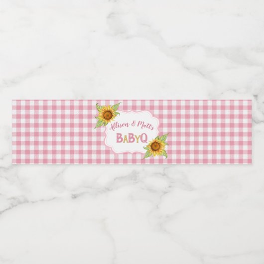 Land Zonnebloemen Roze Gingham Check Baby Q BBQ Waterfles Etiket (Enkel label)