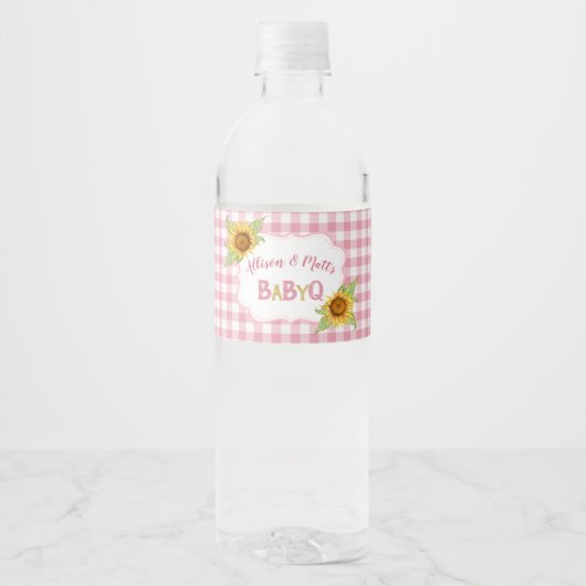 Land Zonnebloemen Roze Gingham Check Baby Q BBQ Waterfles Etiket (Voorkant)