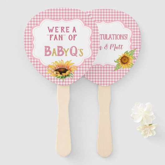 Land Zonnebloemen Roze Gingham Check BabyQ Handwaaier (Voorkant en achterkant)