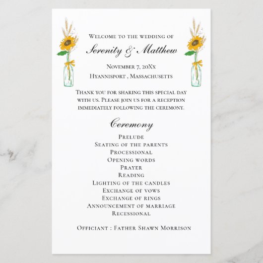 Land Zonnebloemen Rustiek Bloemen Bruiloft Program (Voorkant)
