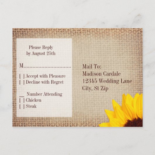 Land Zonnebloemen Rustige RSVP-BRIEFKAARTEN Uitnodiging Briefkaart (Achterkant)