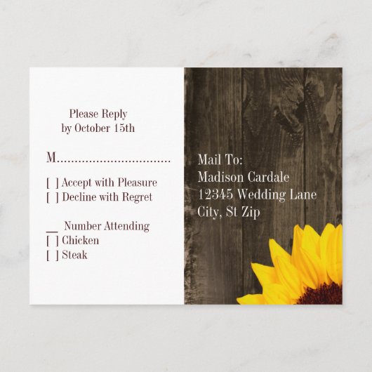 Land Zonnebloemen Rustige RSVP-BRIEFKAARTEN Uitnodiging Briefkaart (Achterkant)