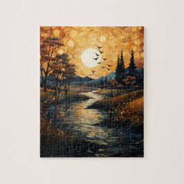 Land Zonsondergang met Vogels en Stream Jigsaw Puz Legpuzzel