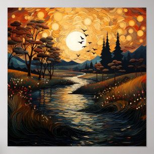 Land Zonsondergang met Vogels en Stroom Poster