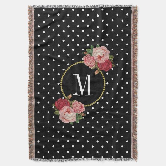 Land Zwart Bloemen Polka Dots Monogram Deken (Voorkant Verticaal)