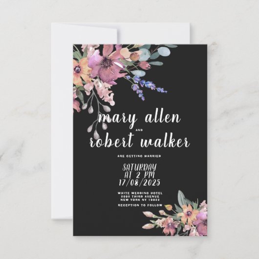 Land zwarte roze lavendel groene bloemetjesbruilof kaart (Voorkant)