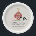 Landbouwdieren Barnyard Beige Baby shower Papieren Bordje<br><div class="desc">Dit leuke en eigentijdse "oink,  moo,  cock-a-doodle do" genderneutraal baby showers papier bord is voorzien van een varkentje,  kippenvel en koe met een rode schuur op een beige achtergrond omlijst door een witte rand. Personaliseer voor uw behoeften. U kunt bijpassende producten vinden in mijn winkel.</div>