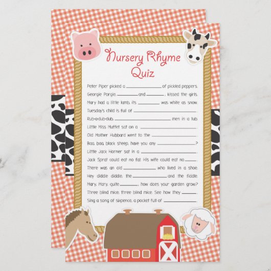 Landbouwdieren Nursery Rhyme Baby shower Game (Voorkant / Achterkant)