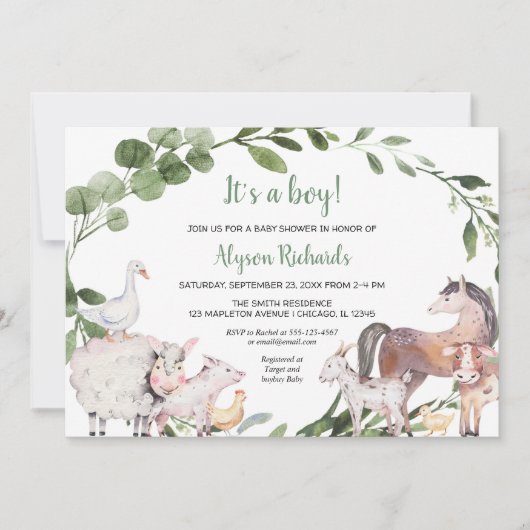 Landbouwdieren waterverf groen baby shower kaart (Voorkant)