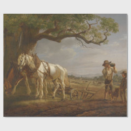 Landbouwers die in een veld met paarden en ploegen cadeaupapier