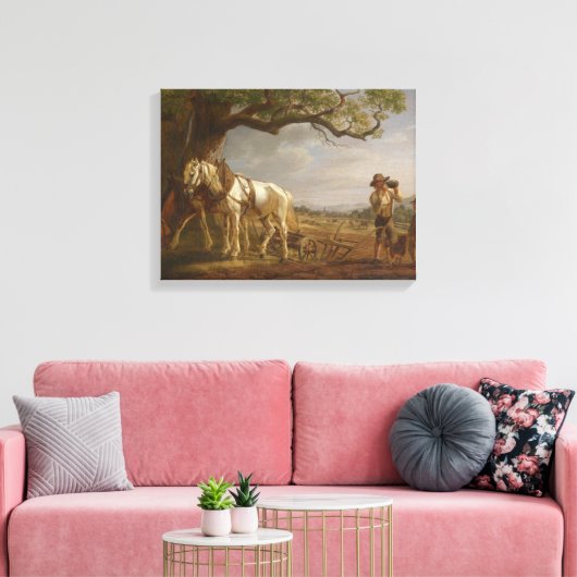 Landbouwers die in een veld met paarden en ploegen canvas afdruk (Insitu (Woonkamer))