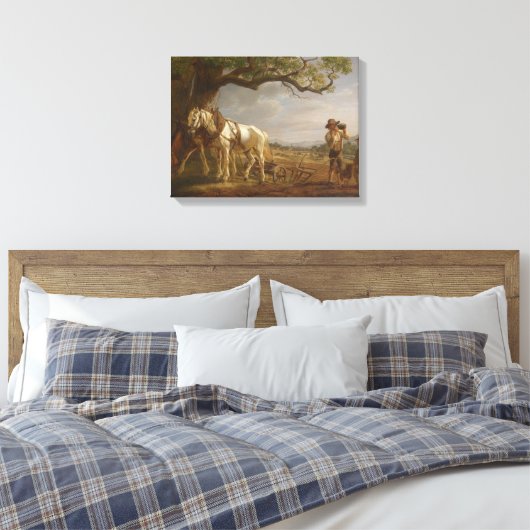 Landbouwers die in een veld met paarden en ploegen canvas afdruk (Insitu (Slaapkamer))