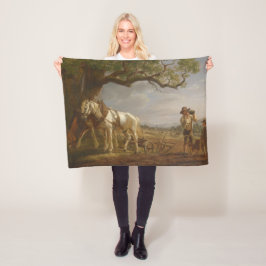 Landbouwers die in een veld met paarden en ploegen fleece deken