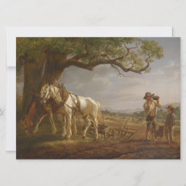 Landbouwers die in een veld met paarden en ploegen kaart