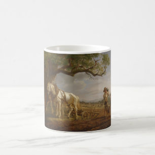 Landbouwers die in een veld met paarden en ploegen koffiemok