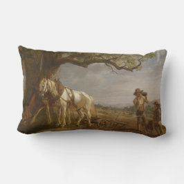 Landbouwers die in een veld met paarden en ploegen kussen