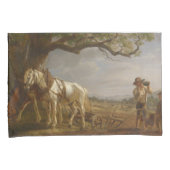 Landbouwers die in een veld met paarden en ploegen kussensloop (Voorkant-Rechts)