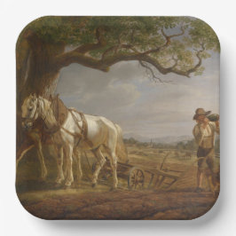 Landbouwers die in een veld met paarden en ploegen papieren bordje