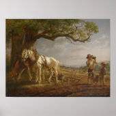 Landbouwers die in een veld met paarden en ploegen poster (Voorkant)